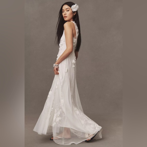 NWT BHLDN Anthropologie Ivory Floral Lace Sheer Maxi Wedding Dress Open Back - Picture 4 of 17